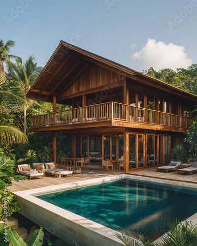 Wallpaper Mural Luxury beachfront resort with wooden architecture, palm trees, and a serene poolside. Idyllic tropical getaway offering relaxation, elegance, and a premium travel experience in paradise Torontodigital.ca