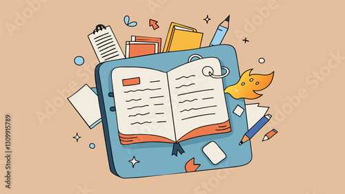 A worn and weathered notebook filled to the brim with sketches doodles and thoughts symbolizing the daily ritual of journaling as a form of selfcare.. Vector illustration