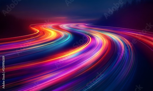 Abstract Vibrant Light Trails on a Winding Path with a Dark Landscape Background