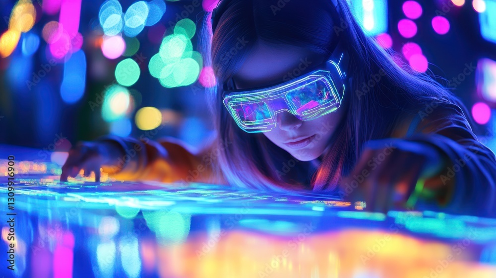 A young woman is using futuristic virtual reality glasses