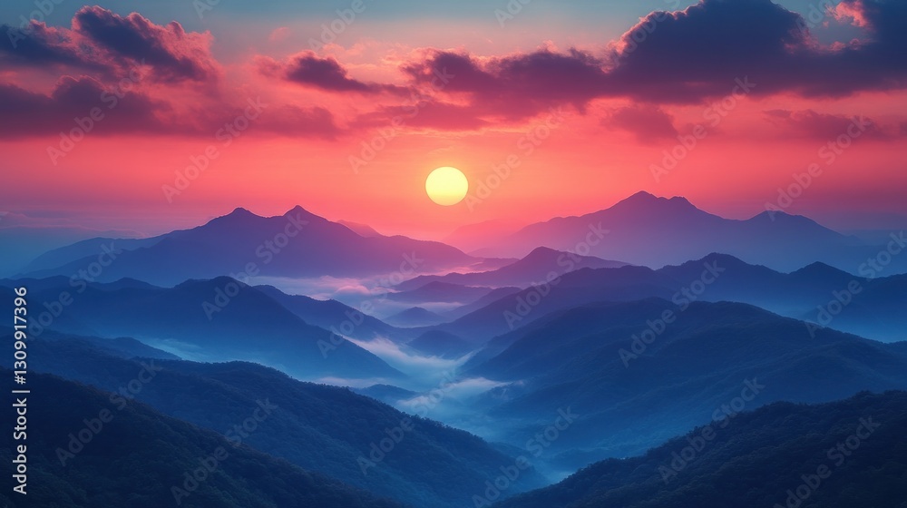 Sunrise over misty mountain range, scenic vista, calm Sunrise over misty mountain range, scenic vista, calm