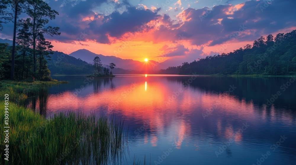 Naklejka premium Serene sunset lake reflecting vibrant sky mountains
