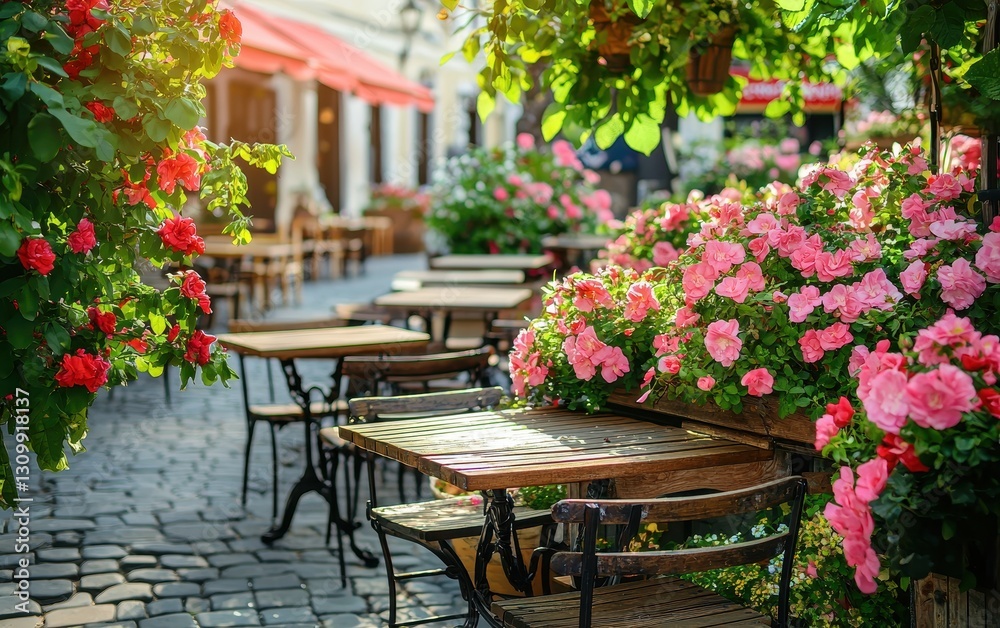 Obraz premium Outdoor CafÃ? With Fresh Flowers And Green Terraces