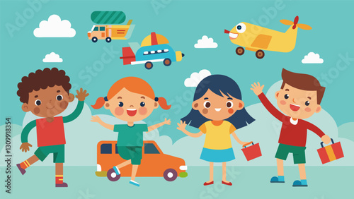 A group of children happily playing with a variety of refurbished toy cars and planes.. Vector illustration