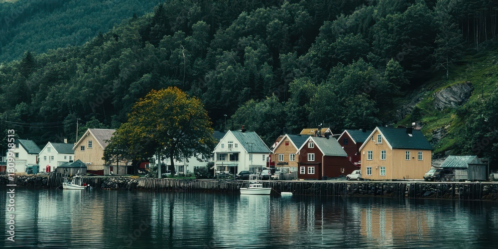 Naklejka premium Picturesque Fishing Village By A Norwegian Fjord