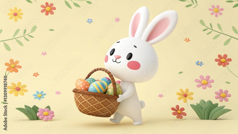 Obraz premium Cute Cartoon Easter Bunny with Basket 3D