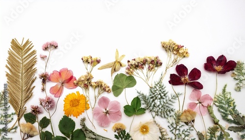 floral horizontal composition border dried pressed wildflowers and herbs isolated on white pressed floristics oshibana perfect for cards invitations floral design photo