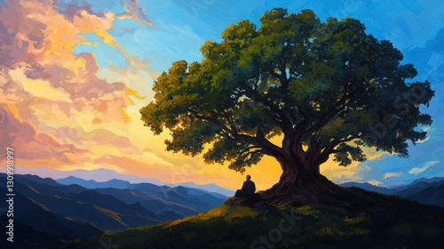 Serene Solitude Under an Expansive Tree at Golden Sunset