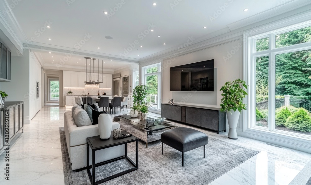 Fototapeta premium Modern luxury living room with open kitchen and garden views.