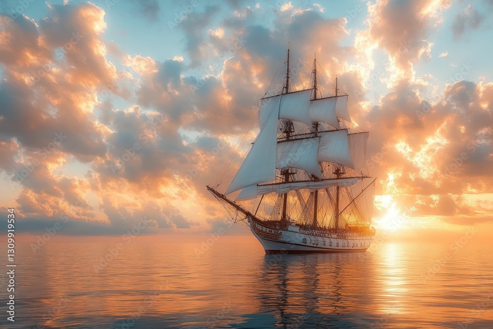Fototapeta premium Majestic sailing ship sunset ocean voyage