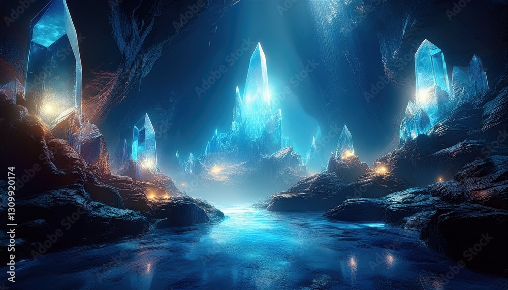 Obraz premium Glowing crystals rise from serene waters in a hidden cave, casting an enchanting glow around.
