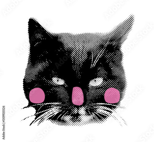 Black cat halftone collage face with pink cheeks and nose, Vector half tone trendy half tone animal kitty head, modern pop style