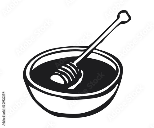 Bowl filled with honey and honey dipper. Hand-drawn black outline illustration isolated on white background. Natural sweet food ingredient for design and print