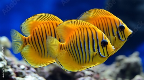 Yellow fish swim aquarium coral background photo