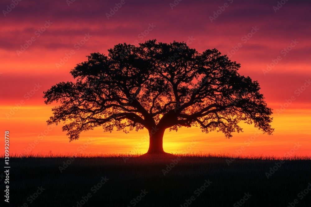 Majestic oak silhouetted against fiery sunset Majestic oak silhouetted against fiery sunset
