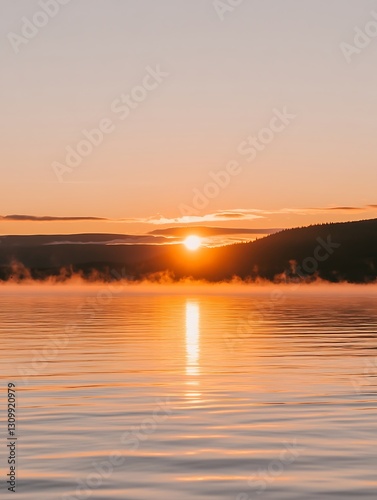 A breathtaking sunrise reflects off the calm water and misty horizon