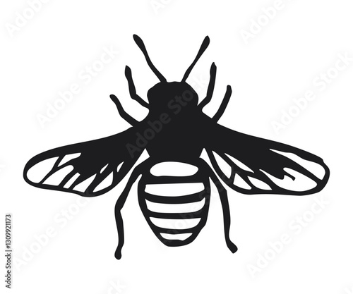 Honey bee silhouette with detailed wings and striped abdomen. Hand-drawn black outline illustration isolated on white background. Pollination and beekeeping concept for design and print