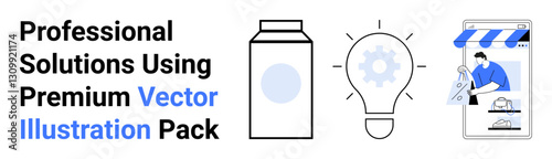 Product packaging, glowing lightbulb with gear, person designing e-commerce graphics. Ideal for innovation, design, branding, marketing, digital solutions, creativity flat landing page banner