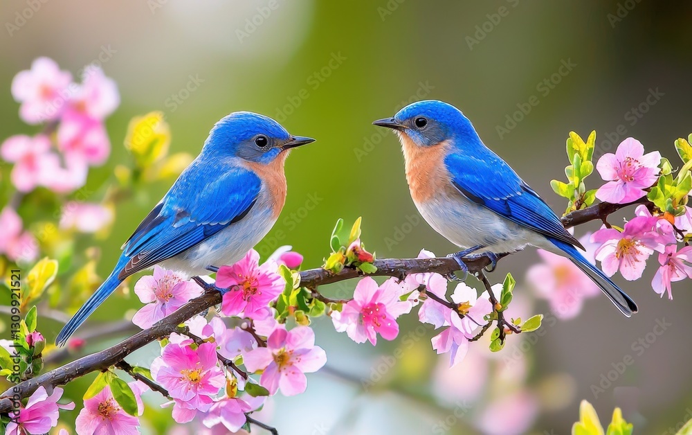 Obraz premium Vibrant Bluebirds Perched On A Flowering Branch