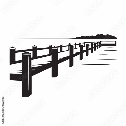 Black and white wooden fence along a calm body of water