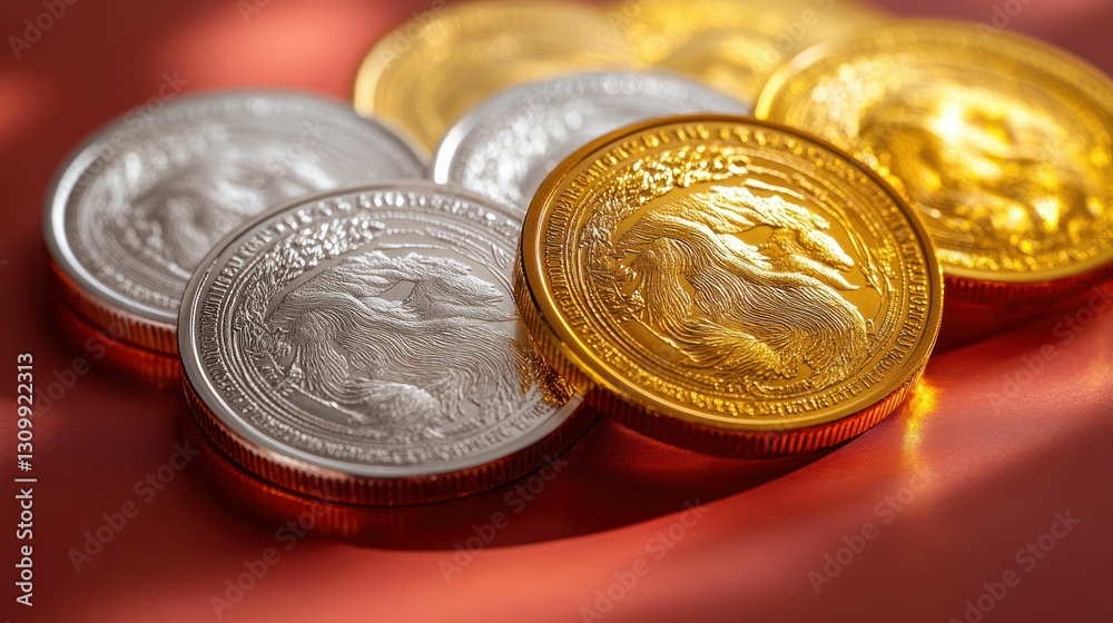 Gold and silver coins, detailed engravings, luxurious texture. Gold and silver coins, detailed engravings, luxurious texture.