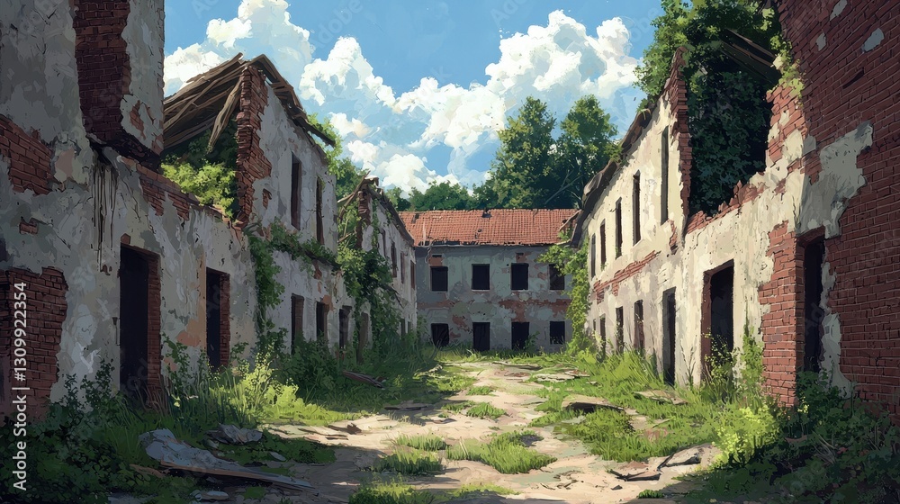 Fototapeta premium Abandoned Building with Overgrown Vegetation and Clear Blue Sky