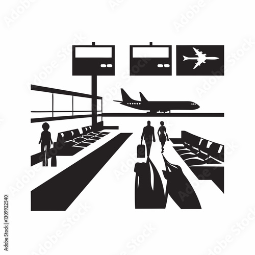 Airport scene with travelers walking in terminal