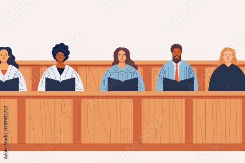 Modern courtroom with five diverse individuals sitting as jury members in a wooden jury box, wearing formal attire, symbolizing inclusivity, impartiality, and equality in justice.