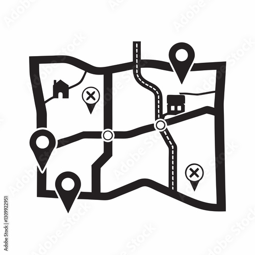 Map with location pins and roads