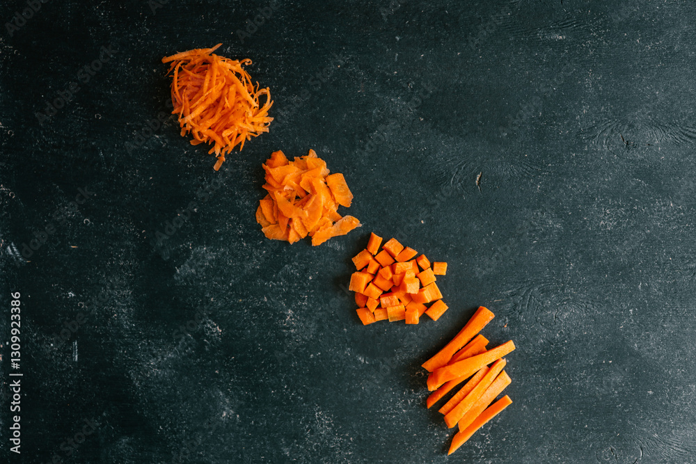 Different cuts of fresh carrot arranged on a dark textured background. Includes diced, julienned, shredded, and peeled carrot pieces. Minimalist food composition and preparation methods