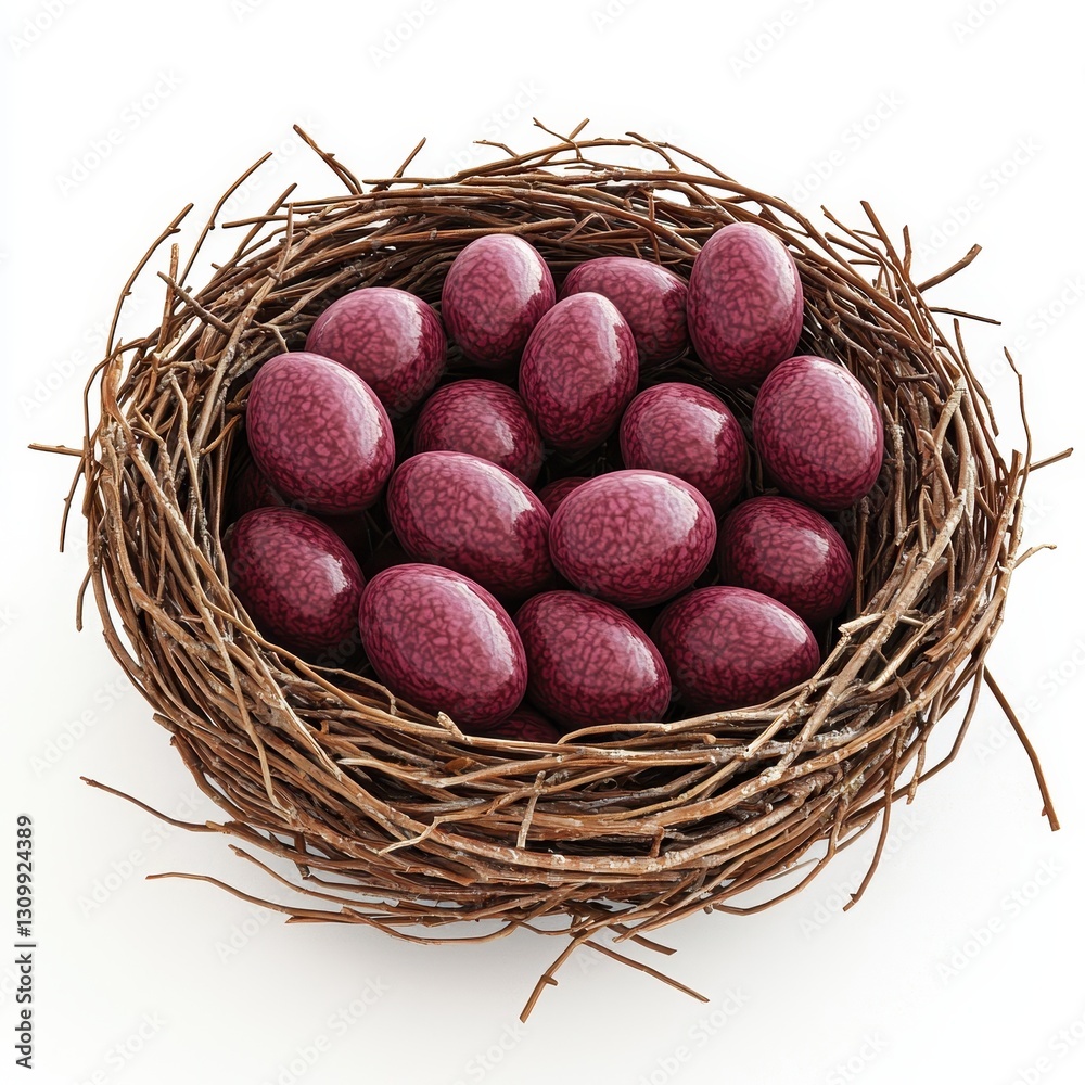 Realistic 3D Icon Cartoon of a Birds Nest Filled with Tiny Maroon Eggs isolated on clear white background Realistic 3D Icon Cartoon of a Birds Nest Filled with Tiny Maroon Eggs isolated on clear white background