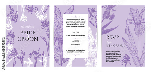 Colorful saturated and bright beautiful wedding invitations. Modern and joyful A4 vector format design with highly detailed flowers for print and online usage. Happy hand drawn iris illustrations