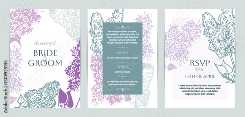 Colorful saturated and bright beautiful wedding invitations. Modern and joyful A4 vector format design with highly detailed flowers for print and online usage. Happy hand drawn lilac illustrations