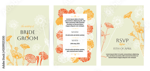 Colorful saturated and bright beautiful wedding invitations. Modern and joyful A4 vector format design with highly detailed flowers for print and online usage. Happy hand drawn marigold illustrations