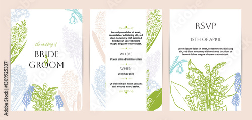 Colorful saturated and bright beautiful wedding invitations. Modern A4 vector format design with highly detailed flowers for print and online usage. Hand drawn hyacinth, snowdrops, lily illustrations