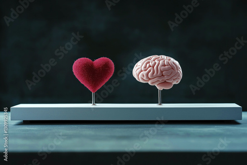 Delicate heart and realistic brain balancing on white surface, symbolizing interplay between emotional and logical thinking
