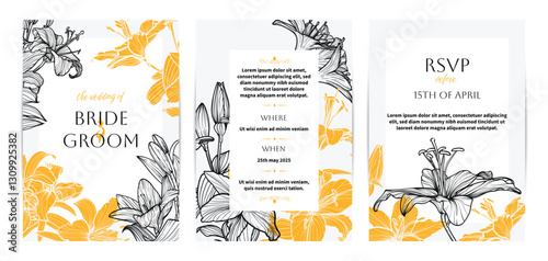 Colorful saturated and bright beautiful wedding invitations. Modern and joyful A4 vector format design with highly detailed flowers for print and online usage. Hand drawn tiger lillies illustrations