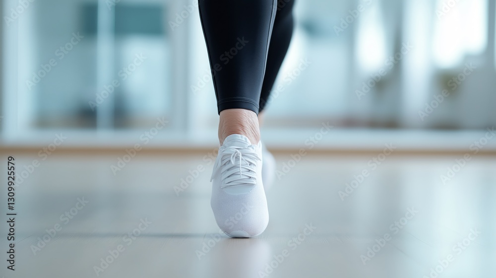 Walking in fitness shoes on smooth floor during indoor workout session Walking in fitness shoes on smooth floor during indoor workout session
