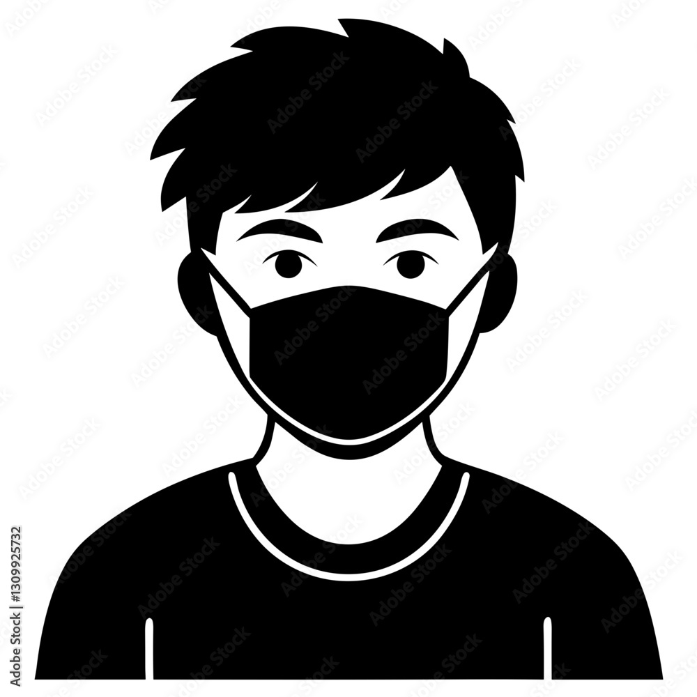 Young man wearing a black face mask with a neutral expression in a minimalist style Young man wearing a black face mask with a neutral expression in a minimalist style