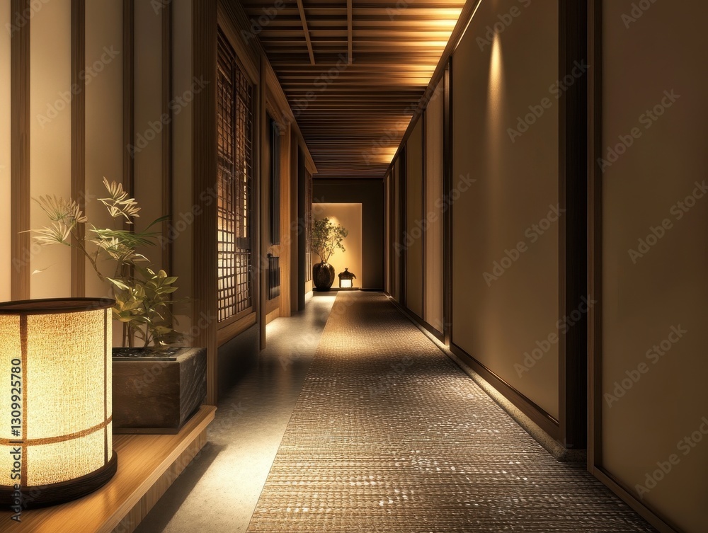 A long hallway illuminated by soft lighting with decorative plants A long hallway illuminated by soft lighting with decorative plants