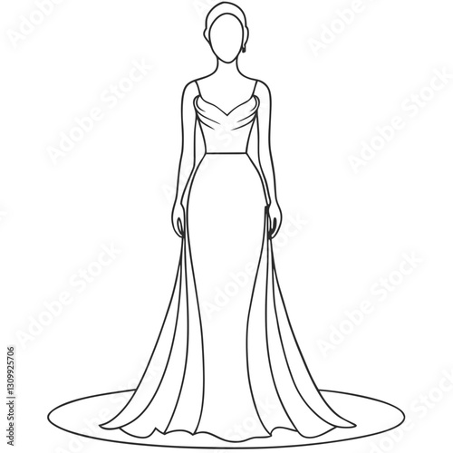 Line art illustration of a fashion model wearing an elegant gown