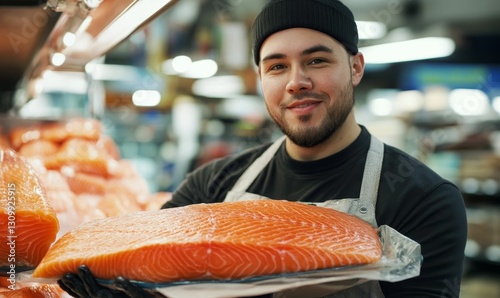 Smiling fishmonger holds large fresh salmon fillet.