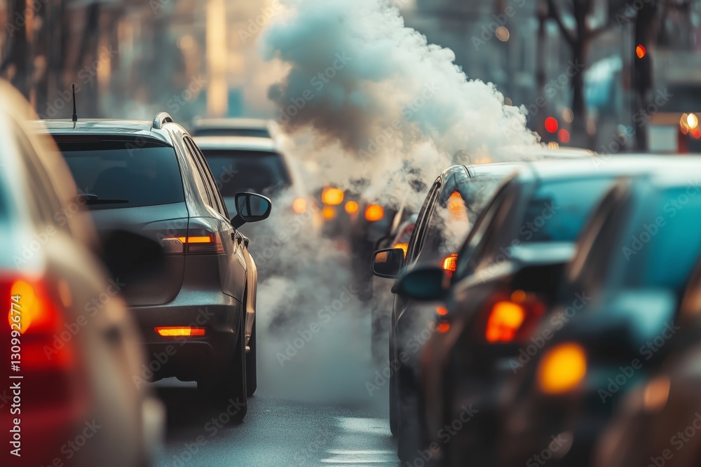 Obraz premium Closeup car exhaust pipe with visible CO2 smoke billowing out. Carbon emissions and global warming. Environmental problem with diesel and fossil fuels burning. Dioxide impact from urban traffic jams