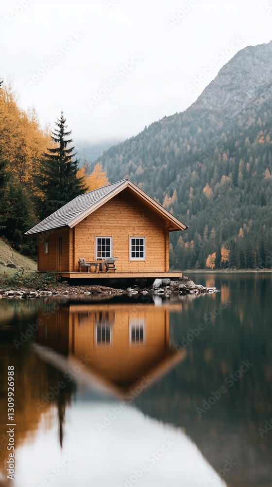 Obraz premium Serene Wooden Lake House Mountain Autumn Reflection