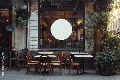Coffee shop street blank circular signboard mockup for logo design and brand presentation ,Mock up