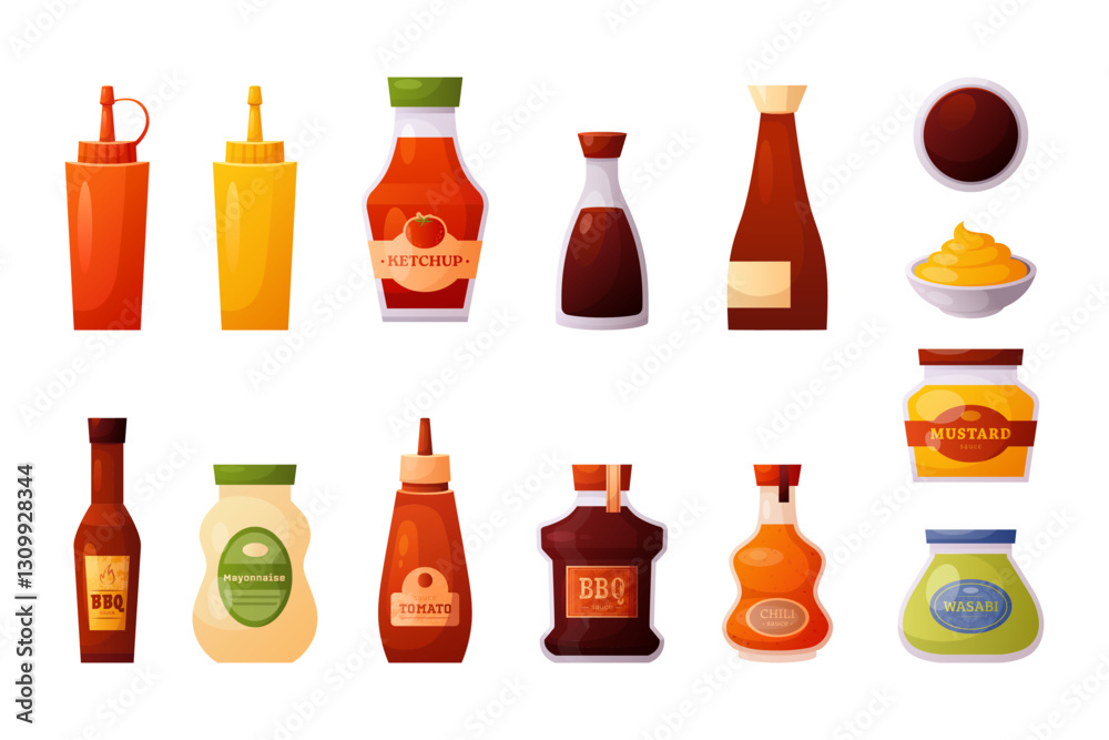 Hot sauce icons. Vector set of different sauces: tomato ketchup, mustard, mayonnaise, soy, hot spice, pepper chili, wasabi, teriyaki, BBQ. Food seasoning jar bottle. Spicy dressing for meal, barbecue Hot sauce icons. Vector set of different sauces: tomato ketchup, mustard, mayonnaise, soy, hot spice, pepper chili, wasabi, teriyaki, BBQ. Food seasoning jar bottle. Spicy dressing for meal, barbecue