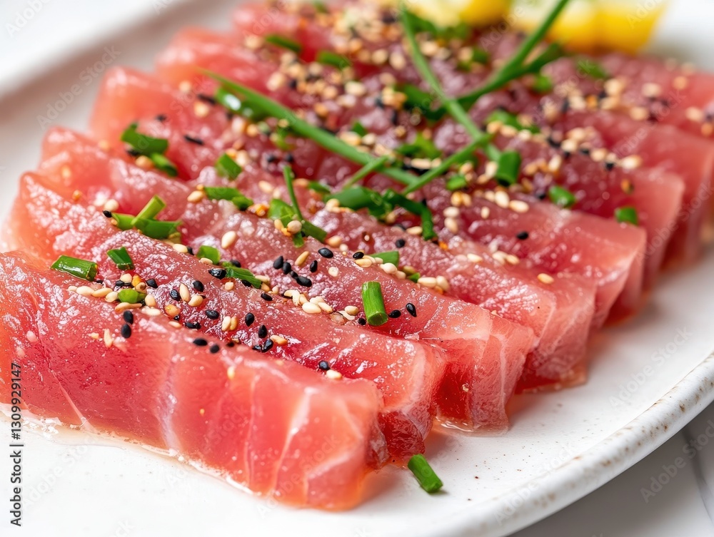 Fresh Tuna Sashimi with Garnish of Chives and Sesame Seeds on White Plate, Close-Up, Vibrant Colors, Culinary Art, Gourmet Dining, Healthy Food Fresh Tuna Sashimi with Garnish of Chives and Sesame Seeds on White Plate, Close-Up, Vibrant Colors, Culinary Art, Gourmet Dining, Healthy Food