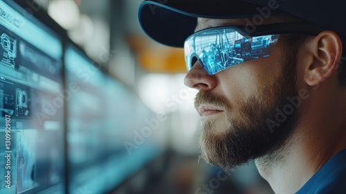 Young Man with Smart Glasses Analyzing Data on Digital Interface