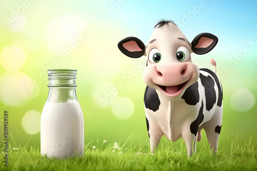 Happy cow standing beside a glass bottle of milk on a sunny day in a green field