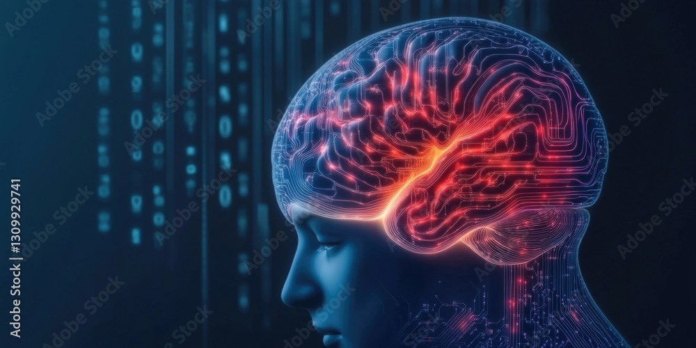Glowing futuristic brain with intricate circuits in an abstract digital realm Glowing futuristic brain with intricate circuits in an abstract digital realm